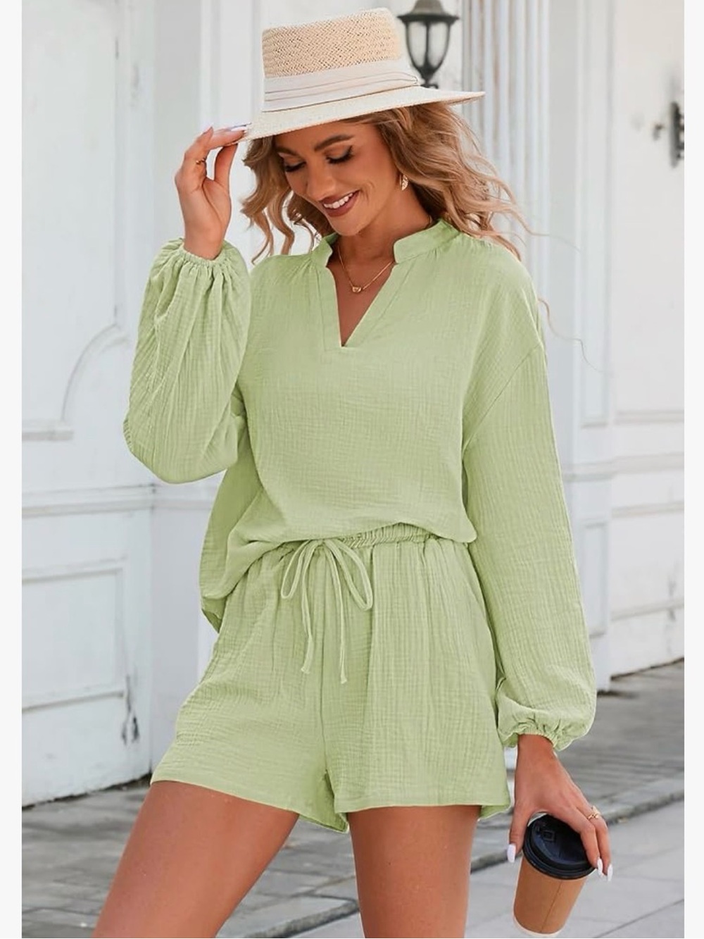 Sage Two-Piece Gauze Lounge Set - Top & Shorts